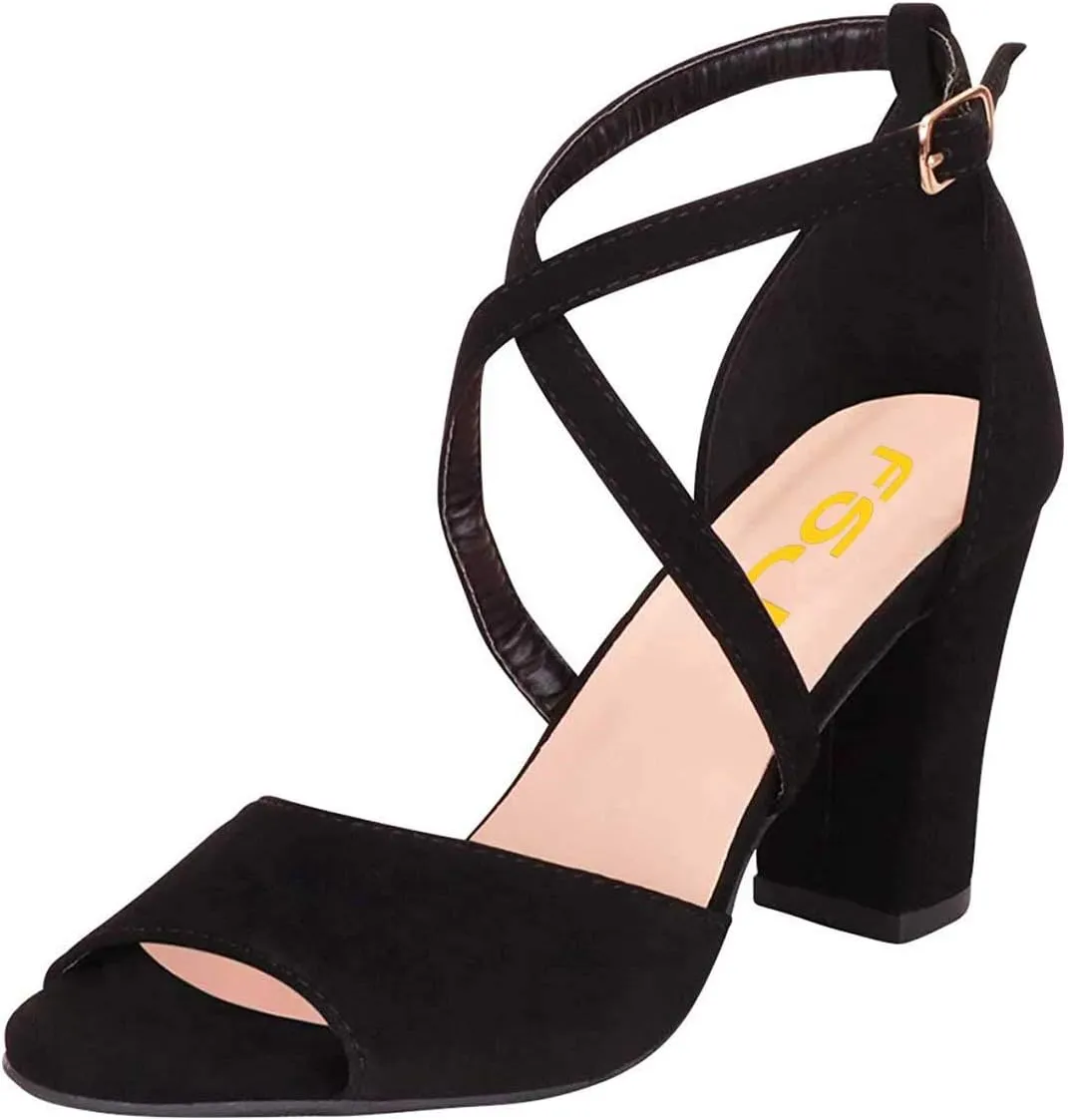 FSJ Women Elegant Peep Toe Sandals Chunky High Heel Pumps Cross Strap Velvet Suede Dress Pumps Size 4-15 US