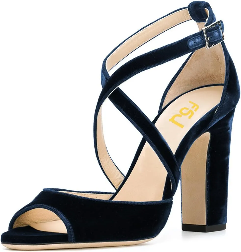 FSJ Women Elegant Peep Toe Sandals Chunky High Heel Pumps Cross Strap Velvet Suede Dress Pumps Size 4-15 US