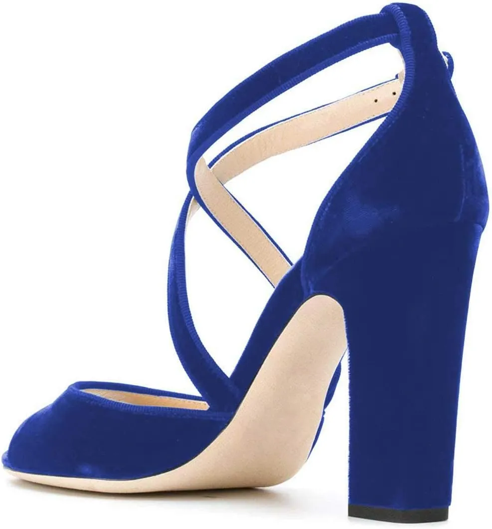 FSJ Women Elegant Peep Toe Sandals Chunky High Heel Pumps Cross Strap Velvet Suede Dress Pumps Size 4-15 US
