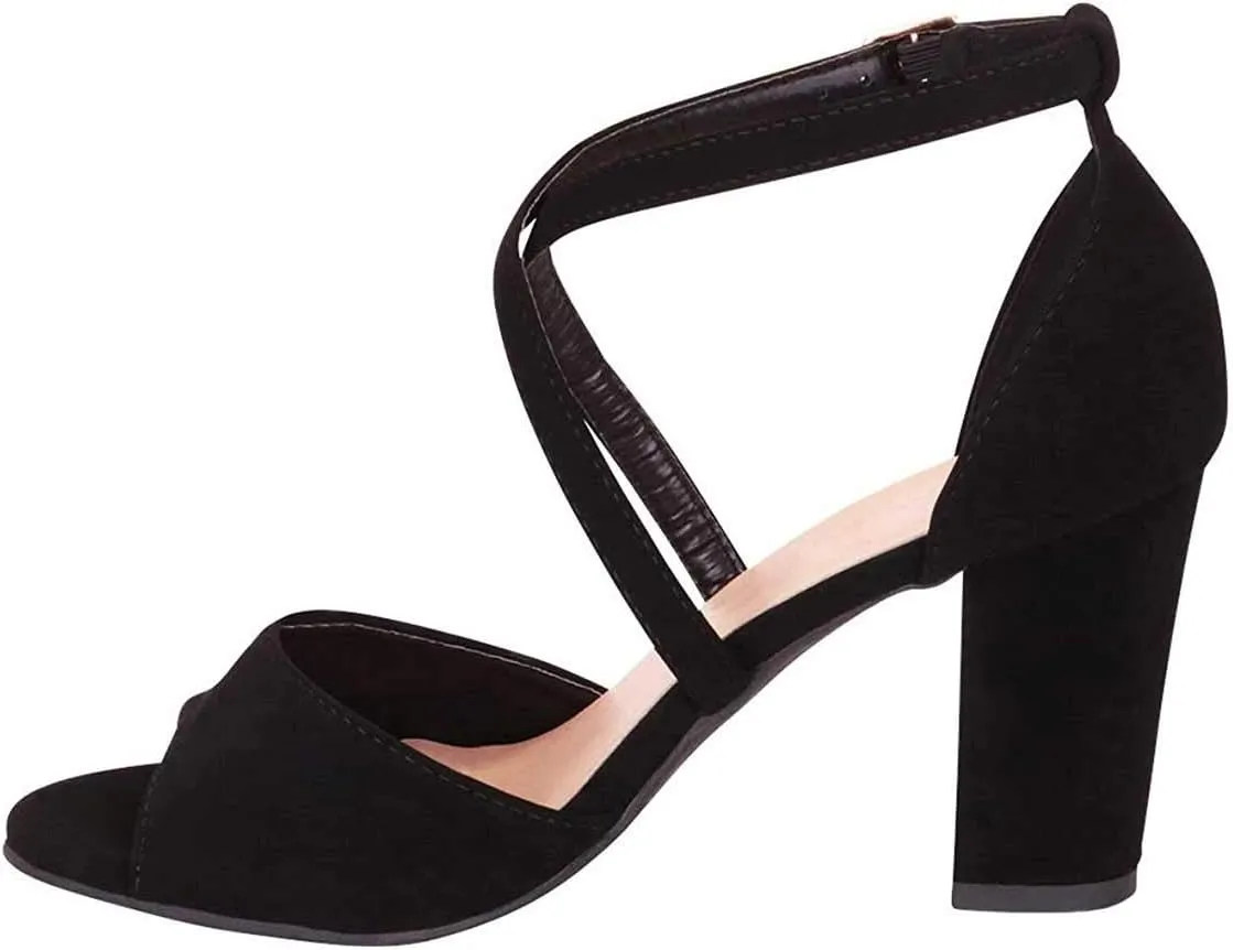 FSJ Women Elegant Peep Toe Sandals Chunky High Heel Pumps Cross Strap Velvet Suede Dress Pumps Size 4-15 US