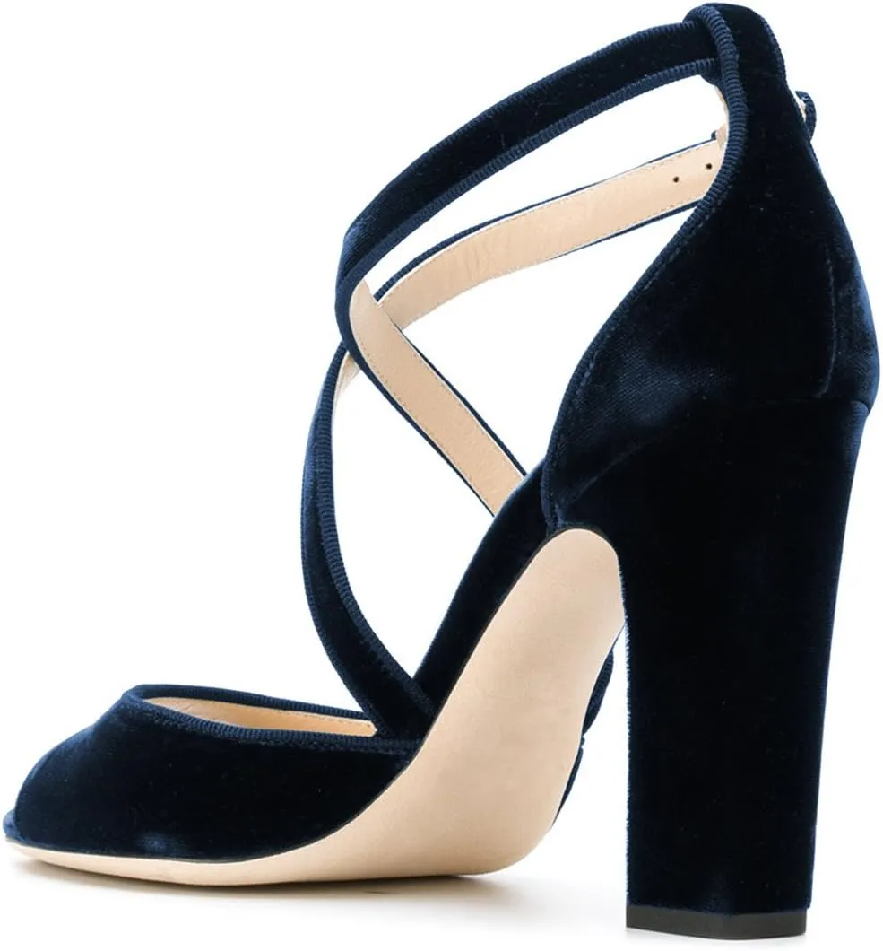 FSJ Women Elegant Peep Toe Sandals Chunky High Heel Pumps Cross Strap Velvet Suede Dress Pumps Size 4-15 US
