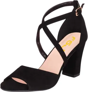 FSJ Women Elegant Peep Toe Sandals Chunky High Heel Pumps Cross Strap Velvet Suede Dress Pumps Size 4-15 US