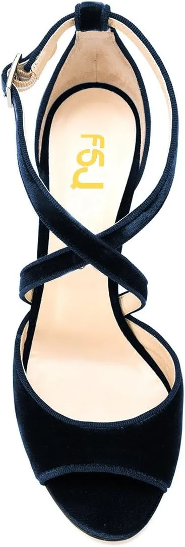 FSJ Women Elegant Peep Toe Sandals Chunky High Heel Pumps Cross Strap Velvet Suede Dress Pumps Size 4-15 US
