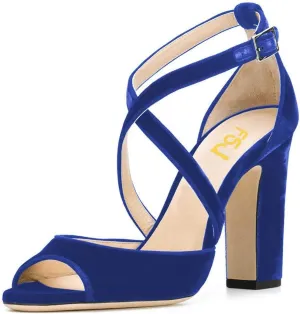 FSJ Women Elegant Peep Toe Sandals Chunky High Heel Pumps Cross Strap Velvet Suede Dress Pumps Size 4-15 US