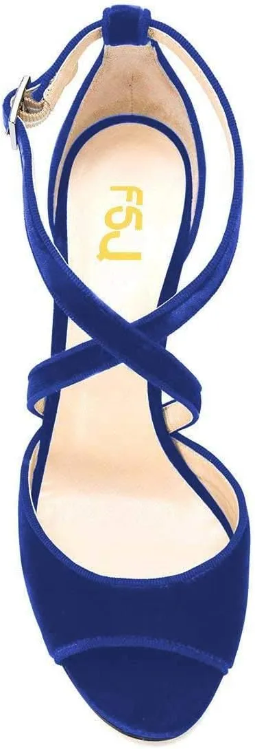 FSJ Women Elegant Peep Toe Sandals Chunky High Heel Pumps Cross Strap Velvet Suede Dress Pumps Size 4-15 US