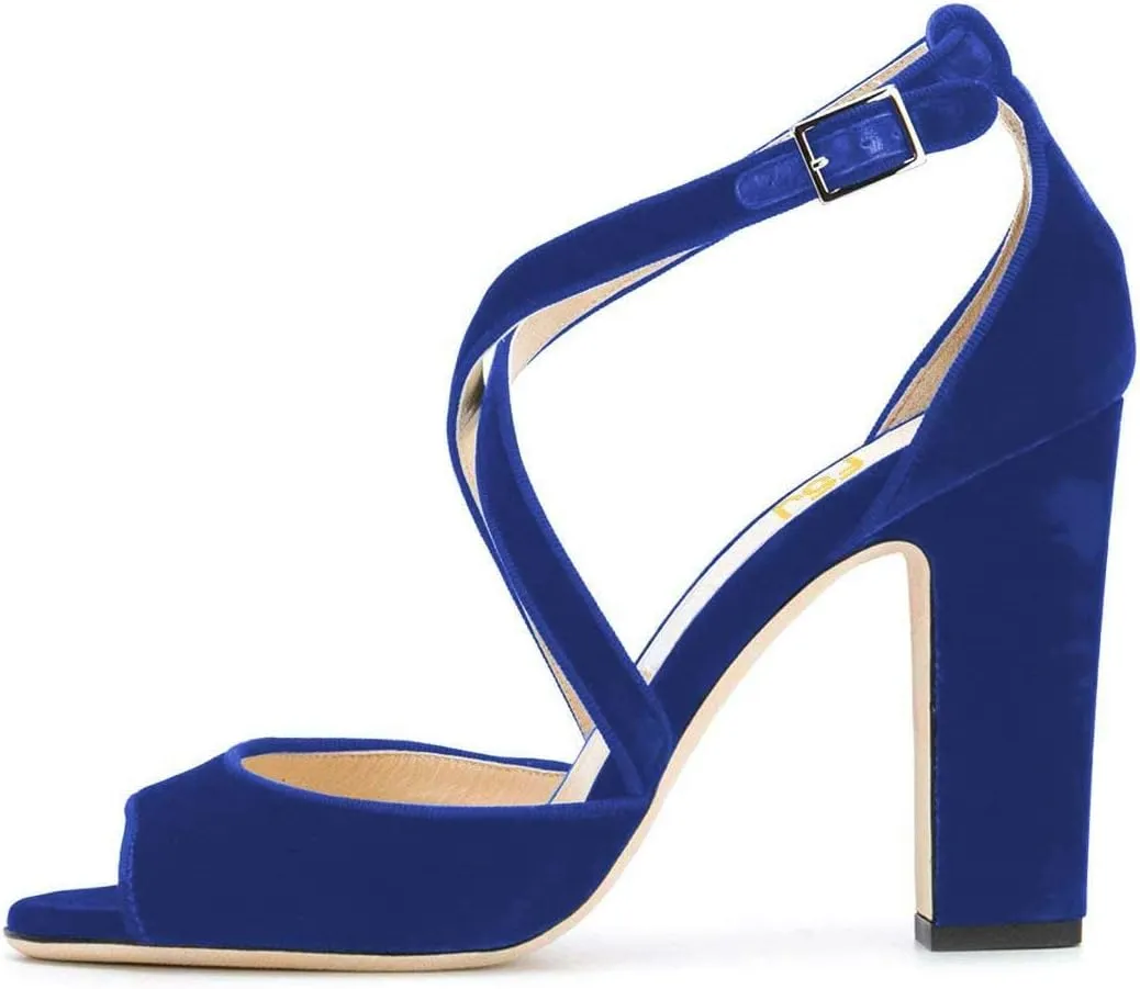 FSJ Women Elegant Peep Toe Sandals Chunky High Heel Pumps Cross Strap Velvet Suede Dress Pumps Size 4-15 US