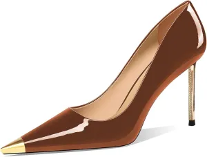 FSJ Women Metal Cap Pointed Toe High Heel Pumps Sexy Gold Stiletto Elegant Slip On Office Lady Wedding Party Dress Shoes Size 4-15 US