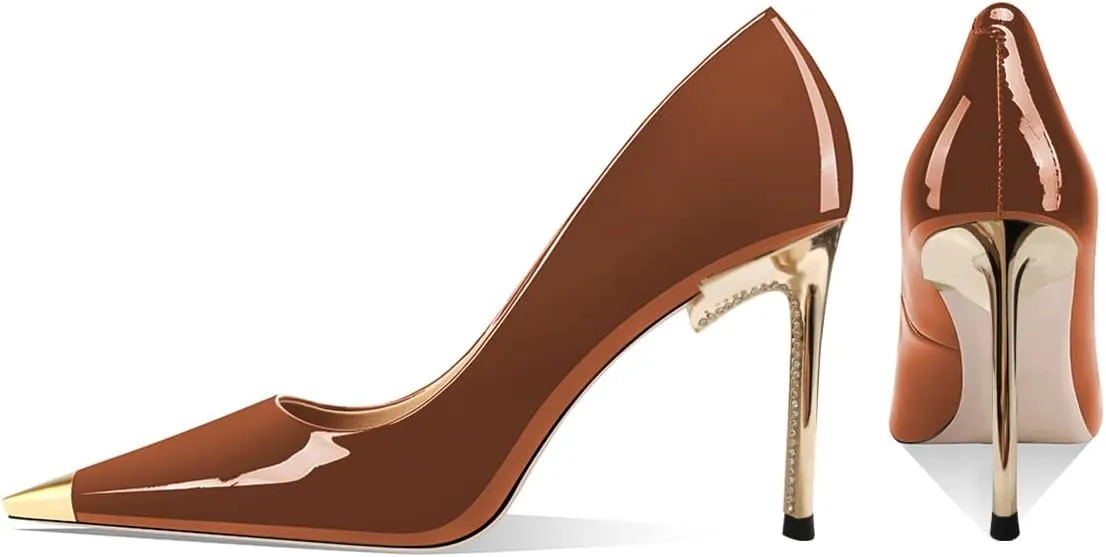 FSJ Women Metal Cap Pointed Toe High Heel Pumps Sexy Gold Stiletto Elegant Slip On Office Lady Wedding Party Dress Shoes Size 4-15 US