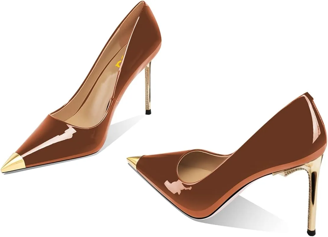 FSJ Women Metal Cap Pointed Toe High Heel Pumps Sexy Gold Stiletto Elegant Slip On Office Lady Wedding Party Dress Shoes Size 4-15 US