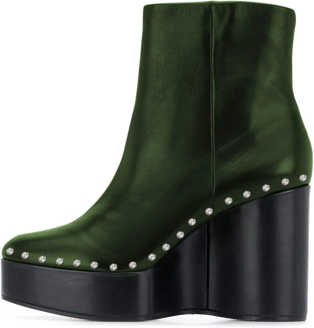 FSJ Women Stylish Studded Rhinestones Ankle Booties Platform Wedge High Heels Closed Toe Short Boots With Side Zipper Ladies Dress Party Shoes Size 4-15 US