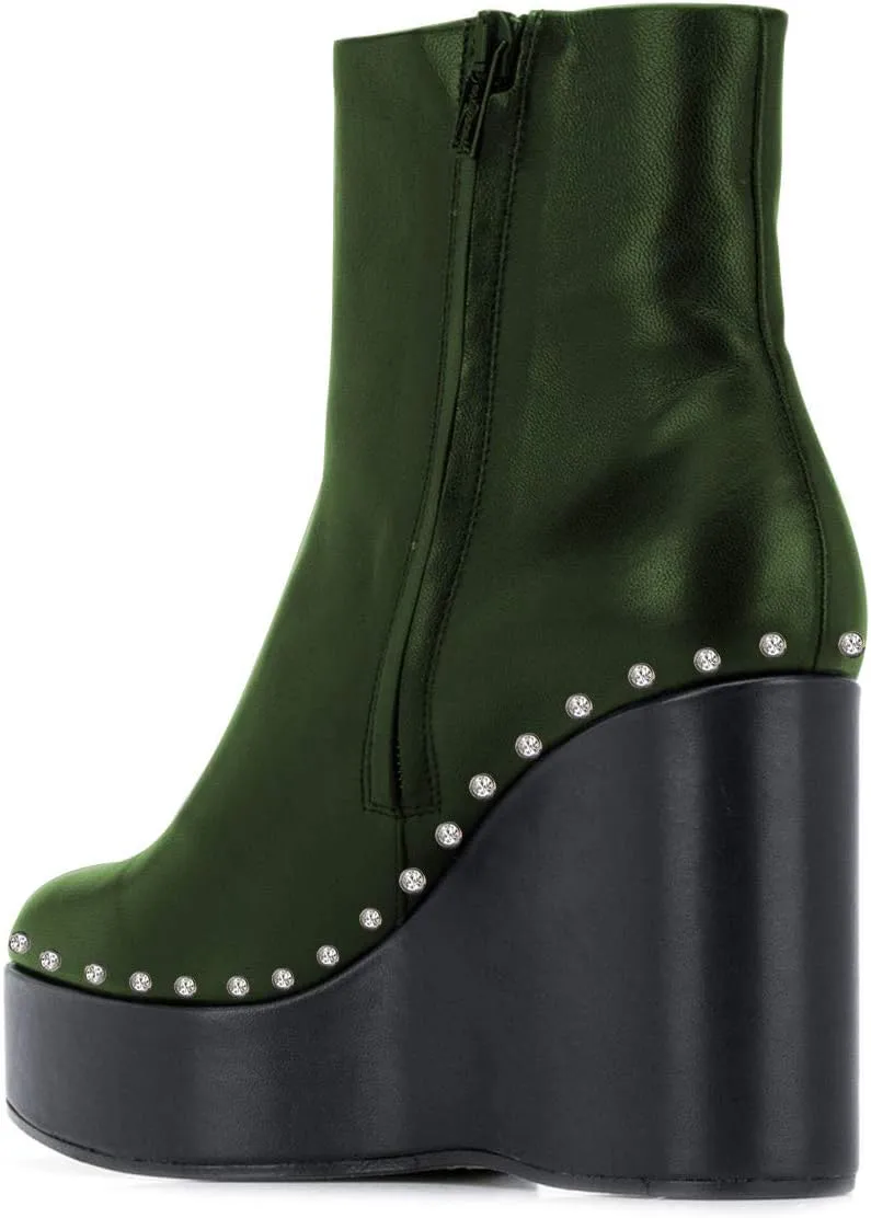 FSJ Women Stylish Studded Rhinestones Ankle Booties Platform Wedge High Heels Closed Toe Short Boots With Side Zipper Ladies Dress Party Shoes Size 4-15 US