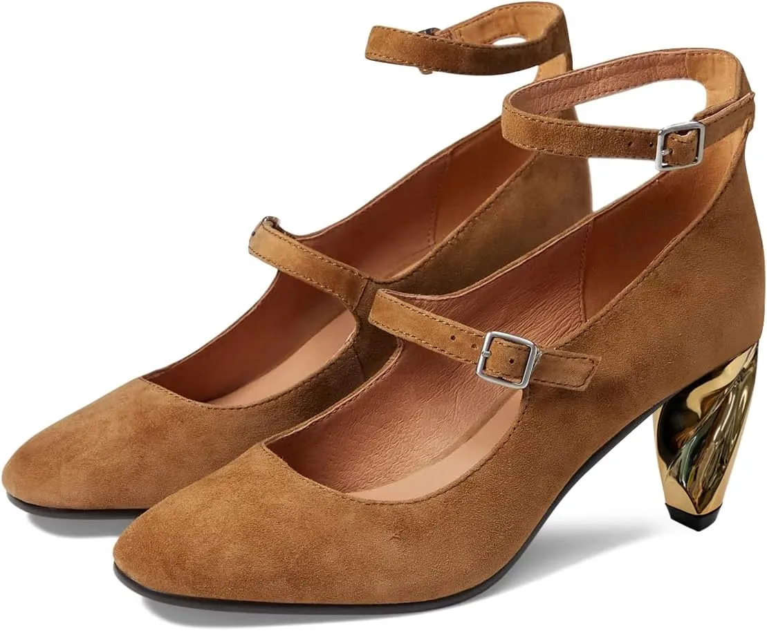 FSJ Women Versatile Closed Toe Suede Dress Pumps with Buckled Ankle Strap Unique Block Mid Heel Elegant Shoes Size 4-15 US