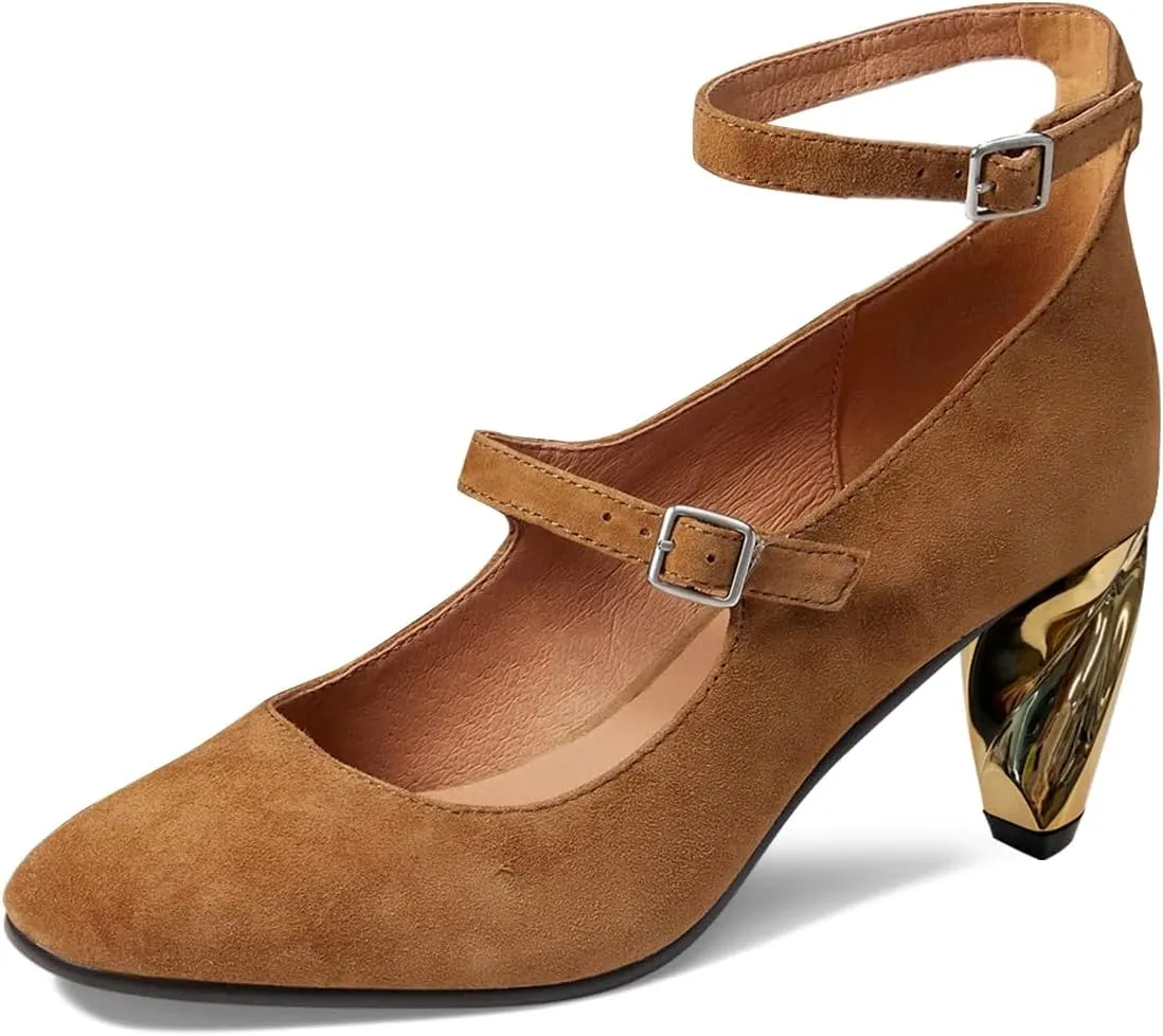 FSJ Women Versatile Closed Toe Suede Dress Pumps with Buckled Ankle Strap Unique Block Mid Heel Elegant Shoes Size 4-15 US