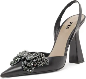 FYS Women Pretty Elegant Slip on Pointed Toe Slingback Sandals D'Orsay Pumps Butterfly Crystal Rhinestones Chunky High Heel Slide Shoes Dress Wedding Prom Shoes Size 4-15 US