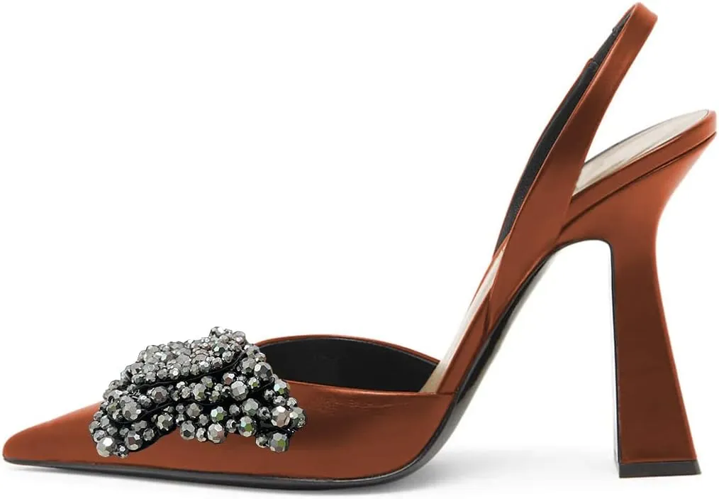 FYS Women Pretty Elegant Slip on Pointed Toe Slingback Sandals D'Orsay Pumps Butterfly Crystal Rhinestones Chunky High Heel Slide Shoes Dress Wedding Prom Shoes Size 4-15 US