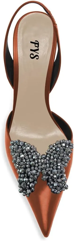 FYS Women Pretty Elegant Slip on Pointed Toe Slingback Sandals D'Orsay Pumps Butterfly Crystal Rhinestones Chunky High Heel Slide Shoes Dress Wedding Prom Shoes Size 4-15 US