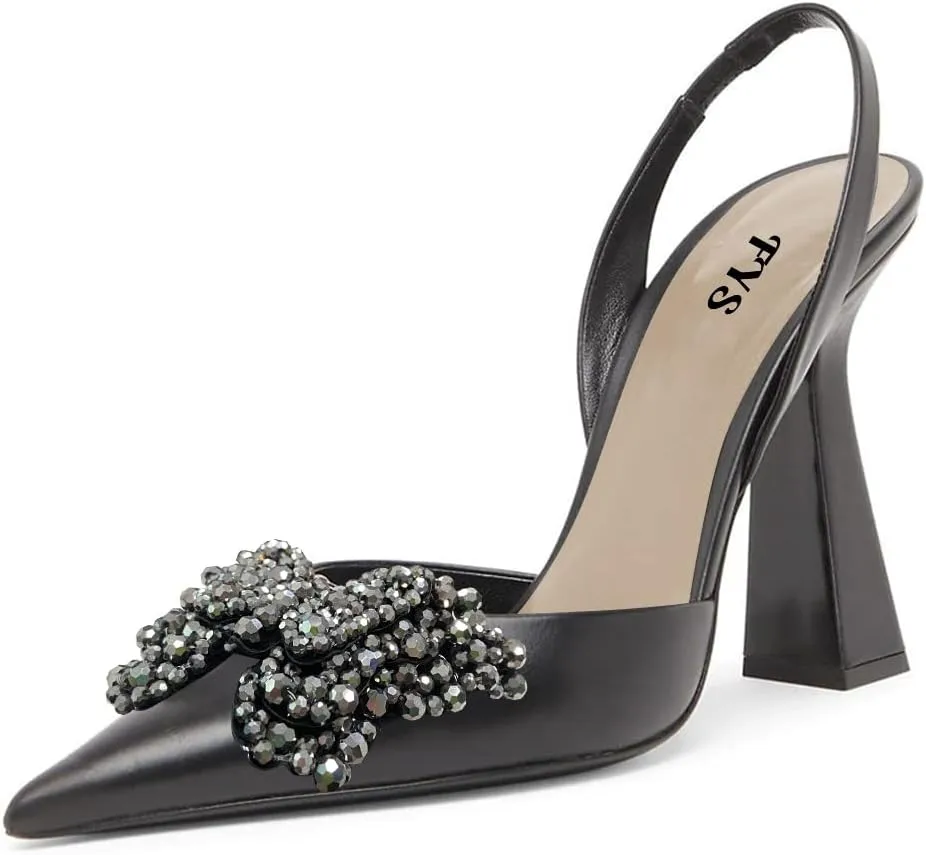 FYS Women Pretty Elegant Slip on Pointed Toe Slingback Sandals D'Orsay Pumps Butterfly Crystal Rhinestones Chunky High Heel Slide Shoes Dress Wedding Prom Shoes Size 4-15 US