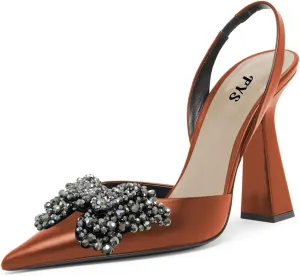 FYS Women Pretty Elegant Slip on Pointed Toe Slingback Sandals D'Orsay Pumps Butterfly Crystal Rhinestones Chunky High Heel Slide Shoes Dress Wedding Prom Shoes Size 4-15 US