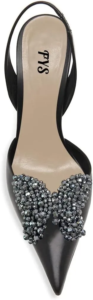 FYS Women Pretty Elegant Slip on Pointed Toe Slingback Sandals D'Orsay Pumps Butterfly Crystal Rhinestones Chunky High Heel Slide Shoes Dress Wedding Prom Shoes Size 4-15 US
