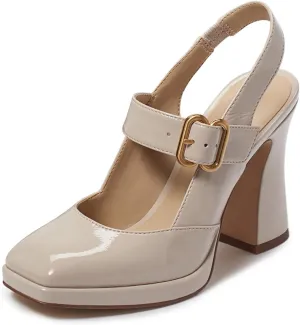 FYS Women's Platform Square Toe Pumps Chunky Block High Heel Mary Janes Backless Slingback Sexy Dressy Party Shoes Size 4-16 US