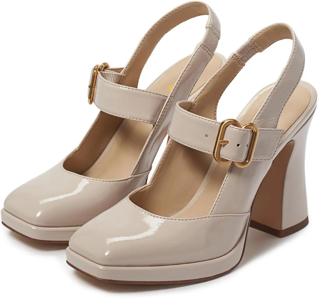 FYS Women's Platform Square Toe Pumps Chunky Block High Heel Mary Janes Backless Slingback Sexy Dressy Party Shoes Size 4-16 US