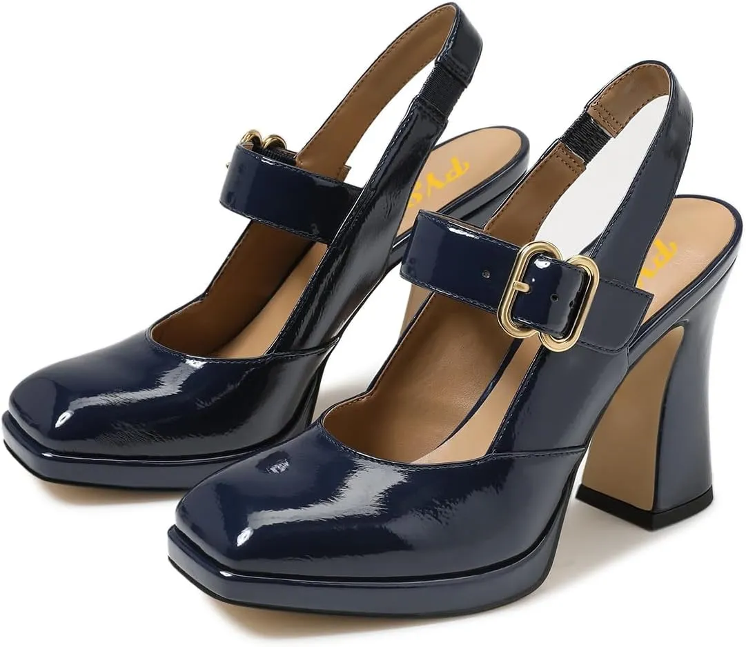 FYS Women's Platform Square Toe Pumps Chunky Block High Heel Mary Janes Backless Slingback Sexy Dressy Party Shoes Size 4-16 US