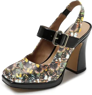 FYS Women's Platform Square Toe Pumps Chunky Block High Heel Mary Janes Backless Slingback Sexy Dressy Party Shoes Size 4-16 US