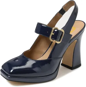 FYS Women's Platform Square Toe Pumps Chunky Block High Heel Mary Janes Backless Slingback Sexy Dressy Party Shoes Size 4-16 US