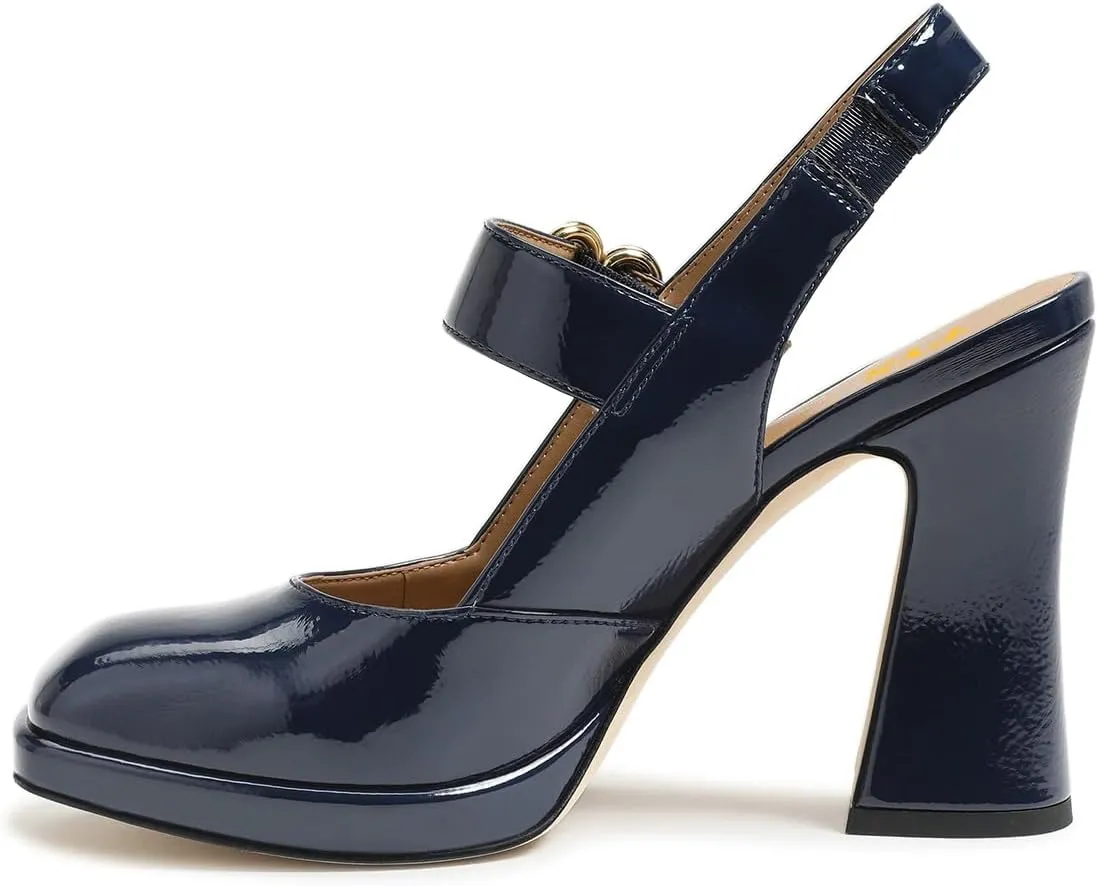 FYS Women's Platform Square Toe Pumps Chunky Block High Heel Mary Janes Backless Slingback Sexy Dressy Party Shoes Size 4-16 US