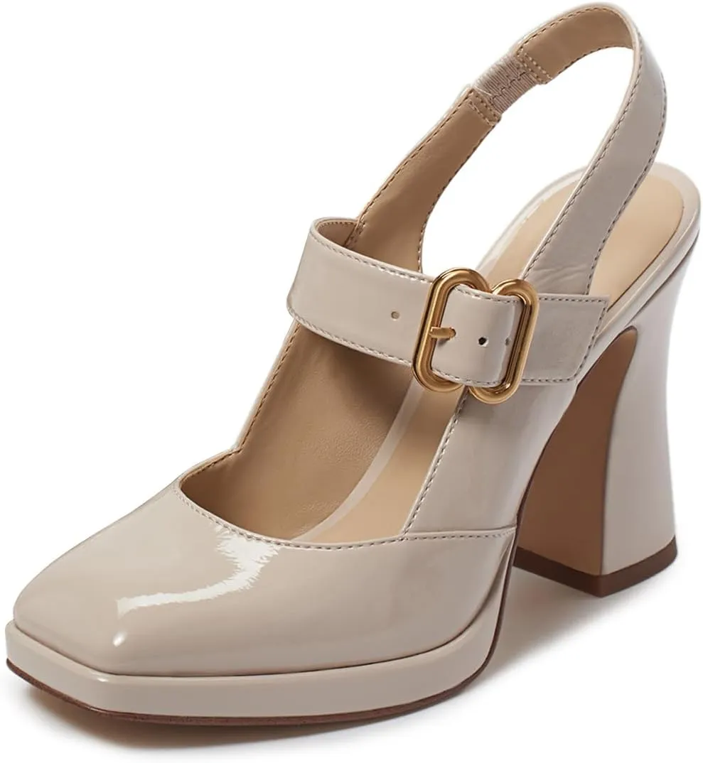 FYS Women's Platform Square Toe Pumps Chunky Block High Heel Mary Janes Backless Slingback Sexy Dressy Party Shoes Size 4-16 US
