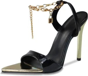 GATUXUS Women's Stilettos High Heels Sandals Metal Chain Ankle Strap Classic Pointed Toe Dress Sandals Shoes
