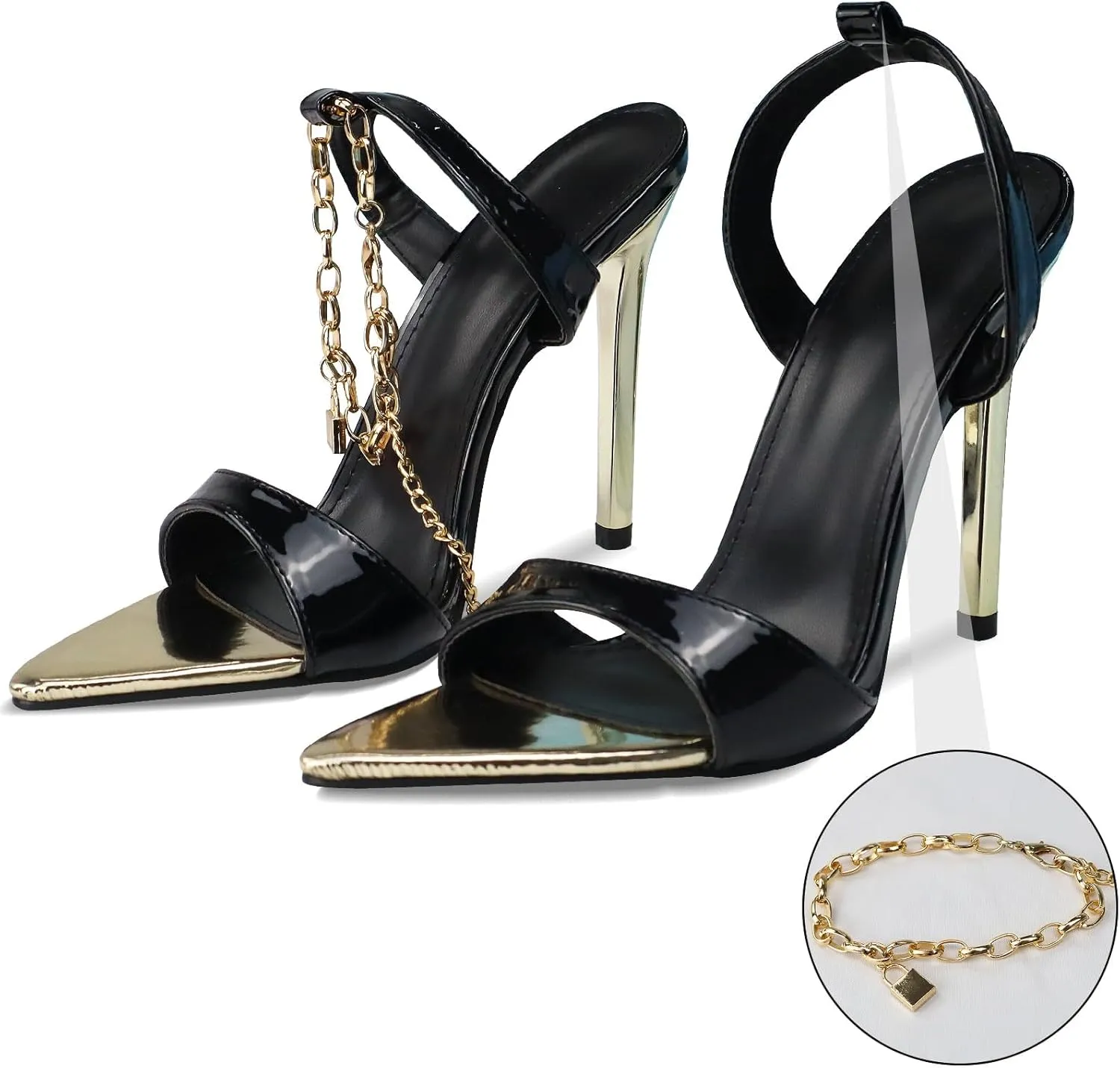 GATUXUS Women's Stilettos High Heels Sandals Metal Chain Ankle Strap Classic Pointed Toe Dress Sandals Shoes