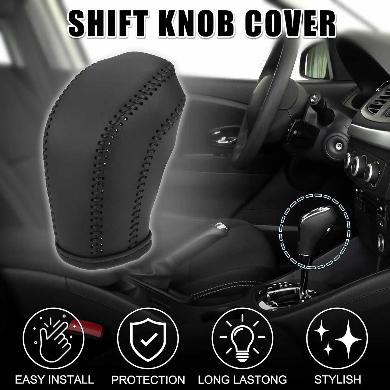 Gear Shift Knob Cover for Buick Excelle 09-15 with Black Stitches Durable | Interior Transmission Shifter Boot Lever Cover Black Faux Leather 1 Pcs