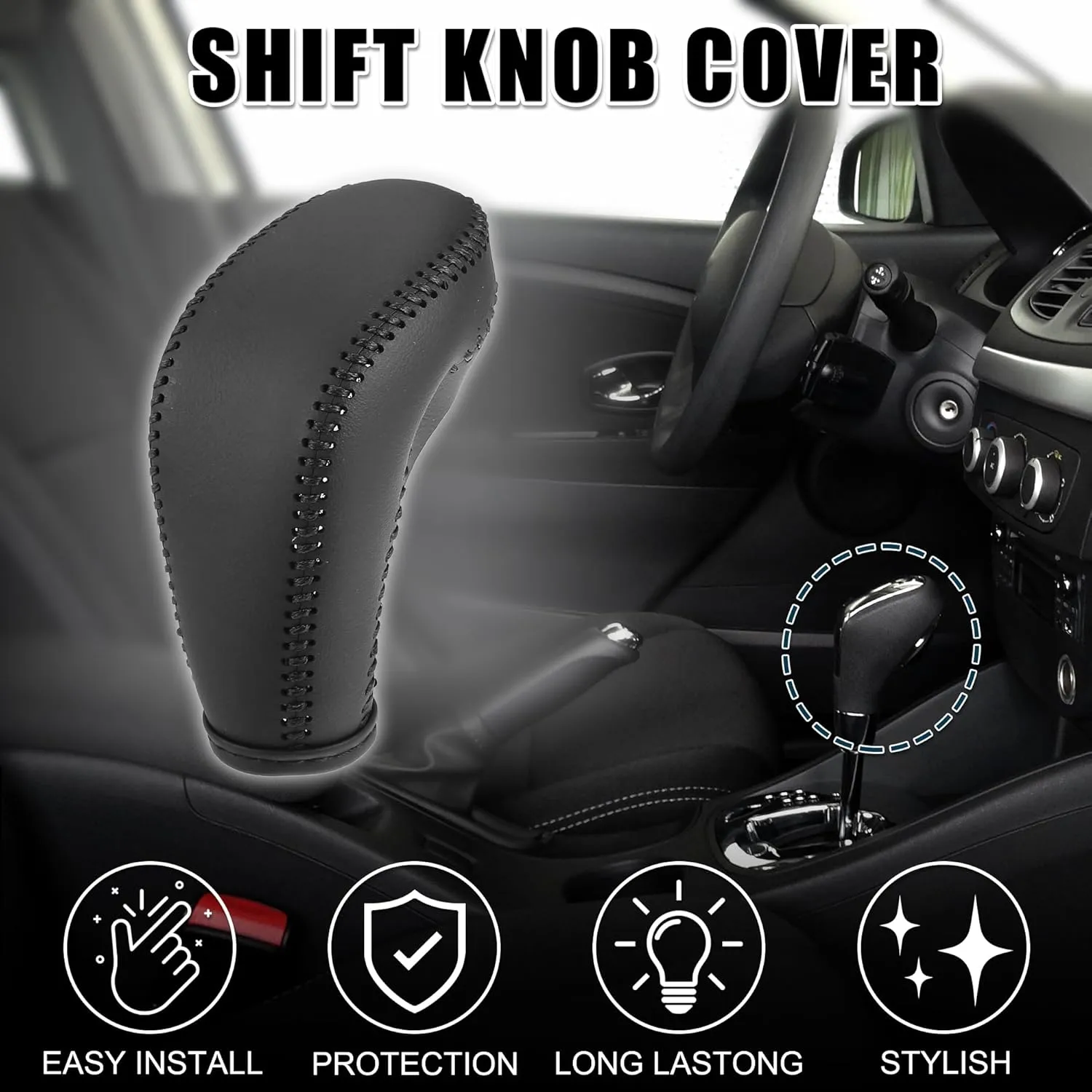 Gear Shift Knob Cover for Buick Excelle 13-15 with Black Stitches Durable | Interior Transmission Shifter Boot Lever Cover Black Faux Leather 1 Pcs