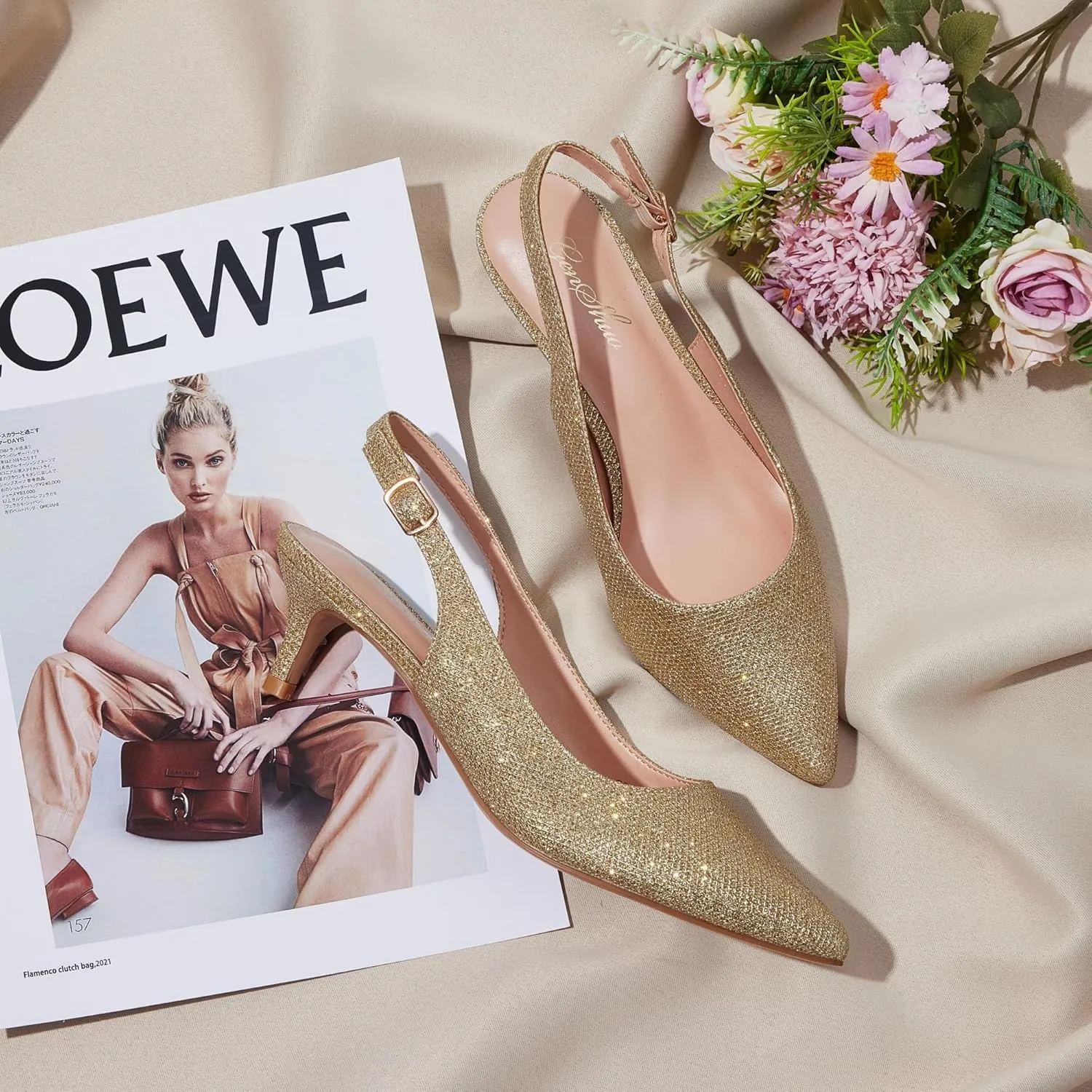 GENSHUO Low Kitten Heels Women's Slingback Dressy Pumps Pointed Closed Toe Ankle Strap Elegant Wedding Pumps Formal Comfortable Shoes
