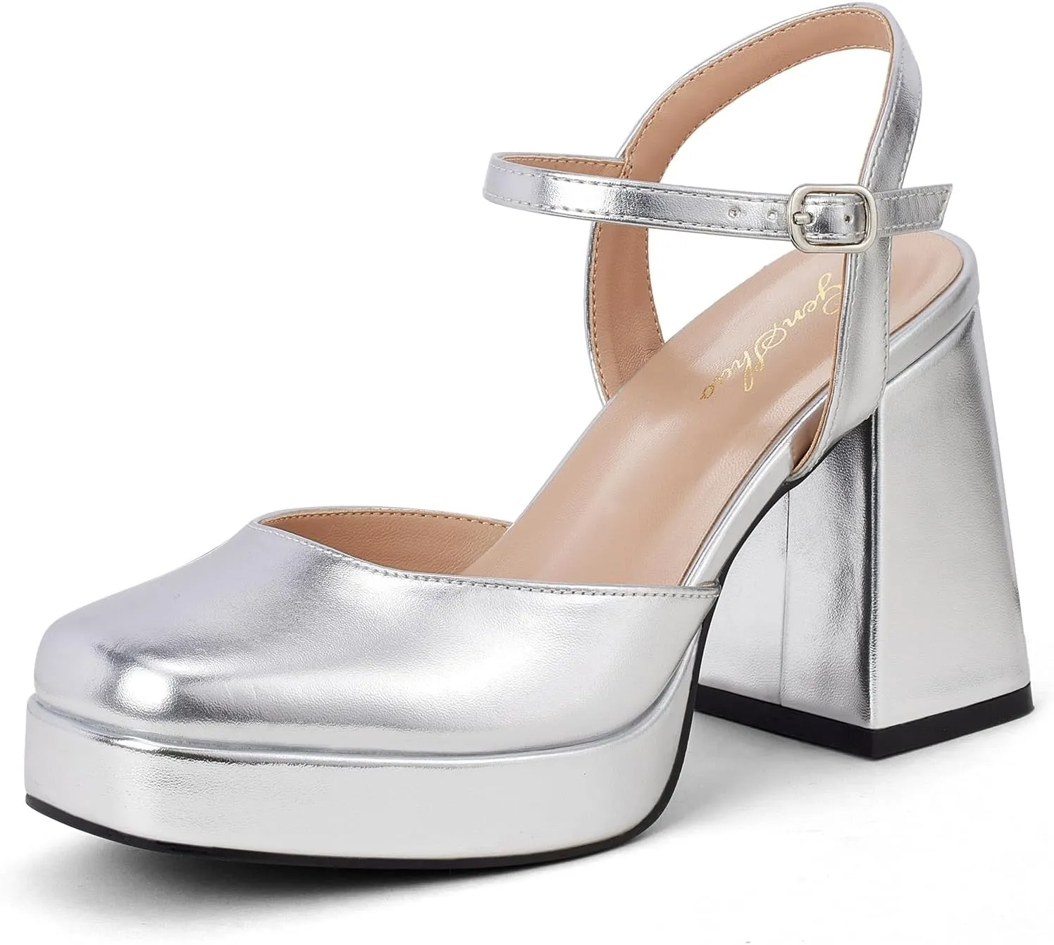 GENSHUO Platform Chunky Heels for Women Block Heel Sandals- 4 inches Closed Square Toe Ankle Strap Buckle Wedding Party Prom Dress Pump Shoes