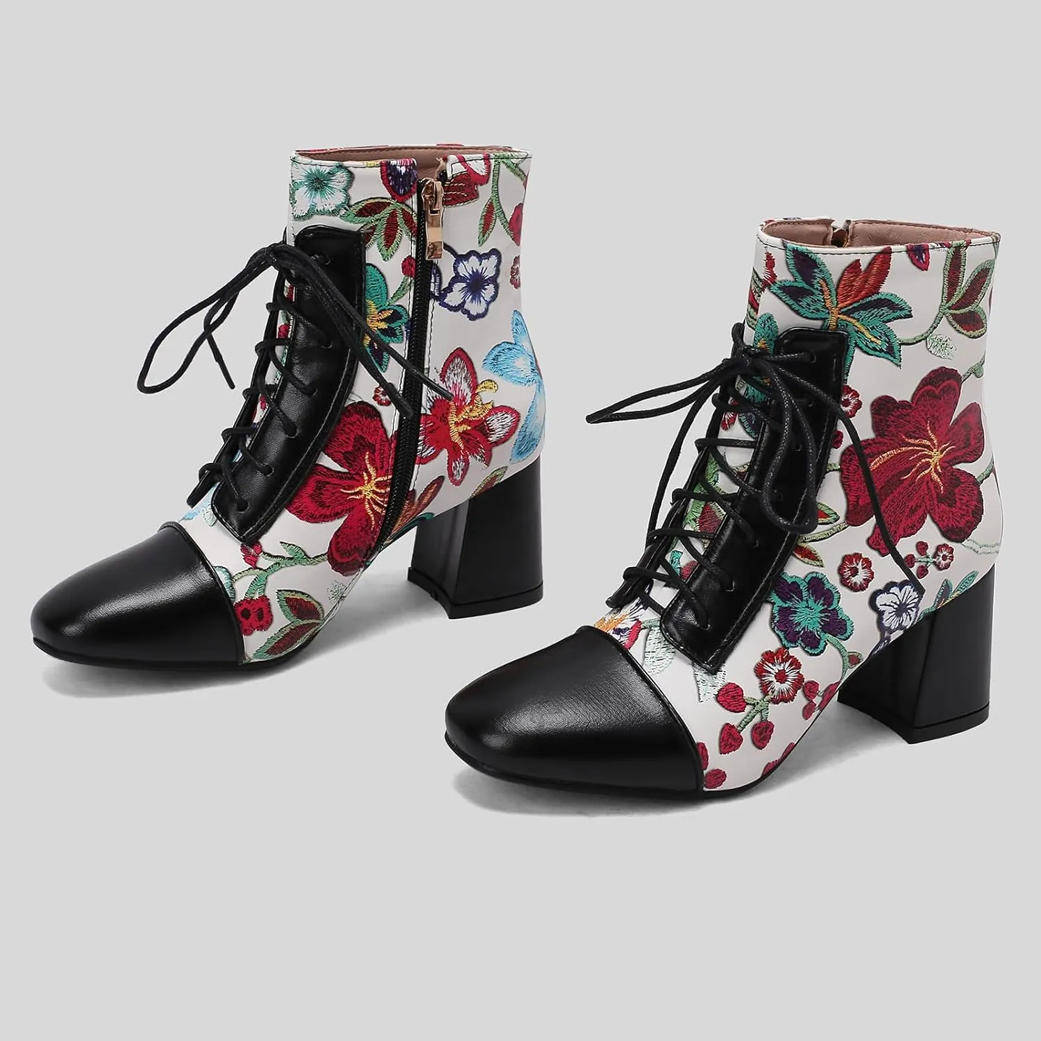 Gicoiz Women Elegant Floral Chelsea Ankle Boots Block Heel