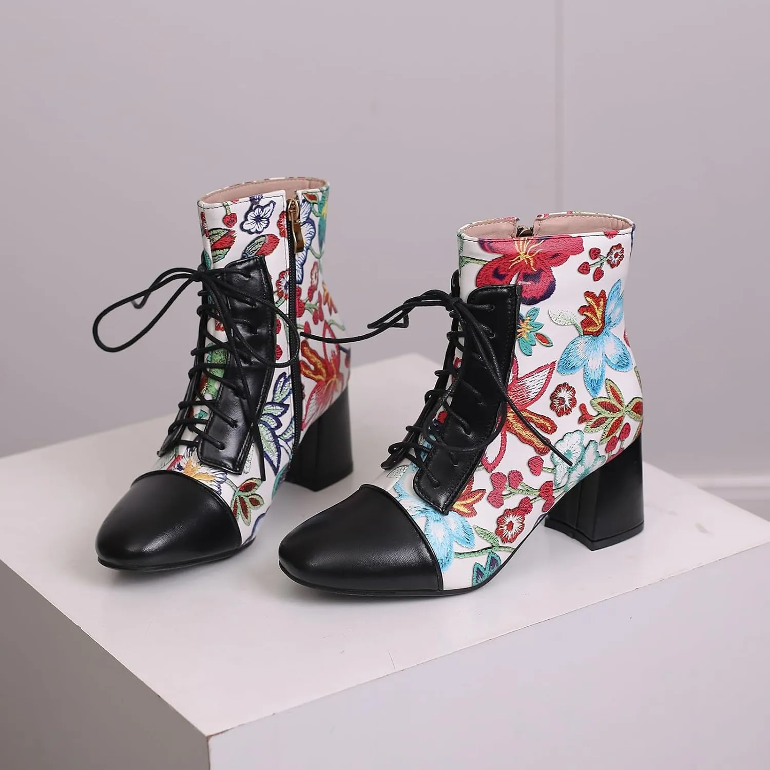 Gicoiz Women Elegant Floral Chelsea Ankle Boots Block Heel