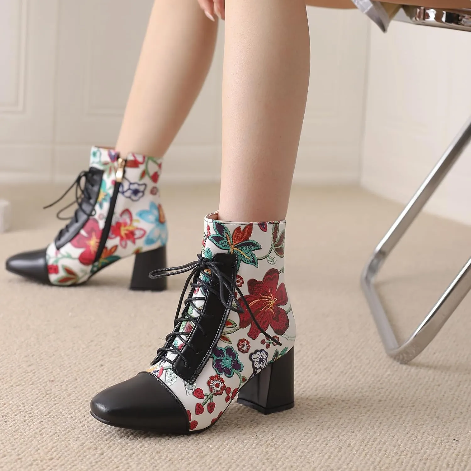 Gicoiz Women Elegant Floral Chelsea Ankle Boots Block Heel