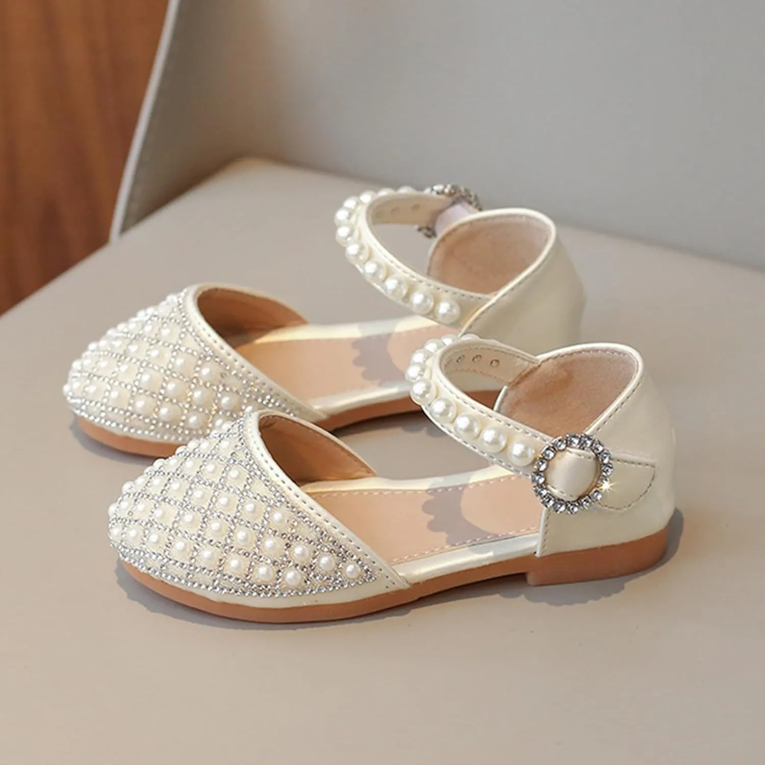 Girls Pearl Glitter Pageant Sandals Closed Toe Ankle Strap High Heel Non Slip Sandals Elegant Princess Wedding Shoes