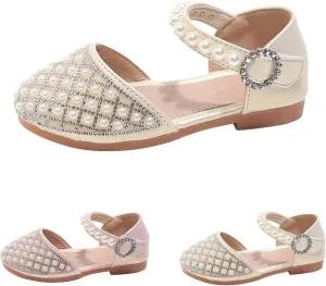 Girls Pearl Glitter Pageant Sandals Closed Toe Ankle Strap High Heel Non Slip Sandals Elegant Princess Wedding Shoes