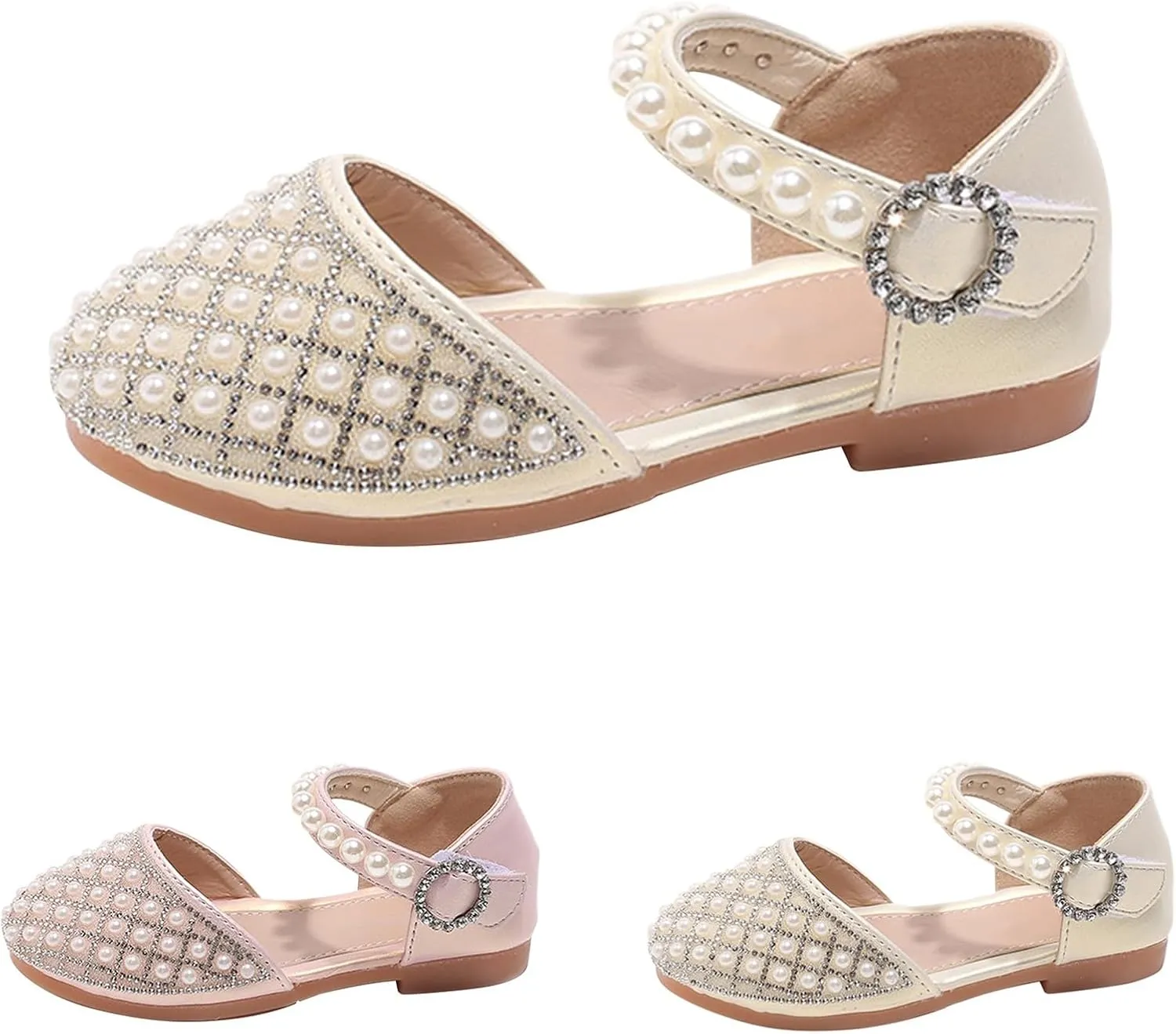 Girls Pearl Glitter Pageant Sandals Closed Toe Ankle Strap High Heel Non Slip Sandals Elegant Princess Wedding Shoes