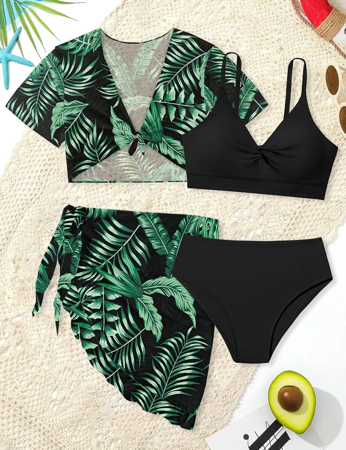 Girls Swimsuit 4 Piece Tropical Print Bikini Set Twist Criss Cross Bathing Suit with Kimono and Cover Up 9-16Y