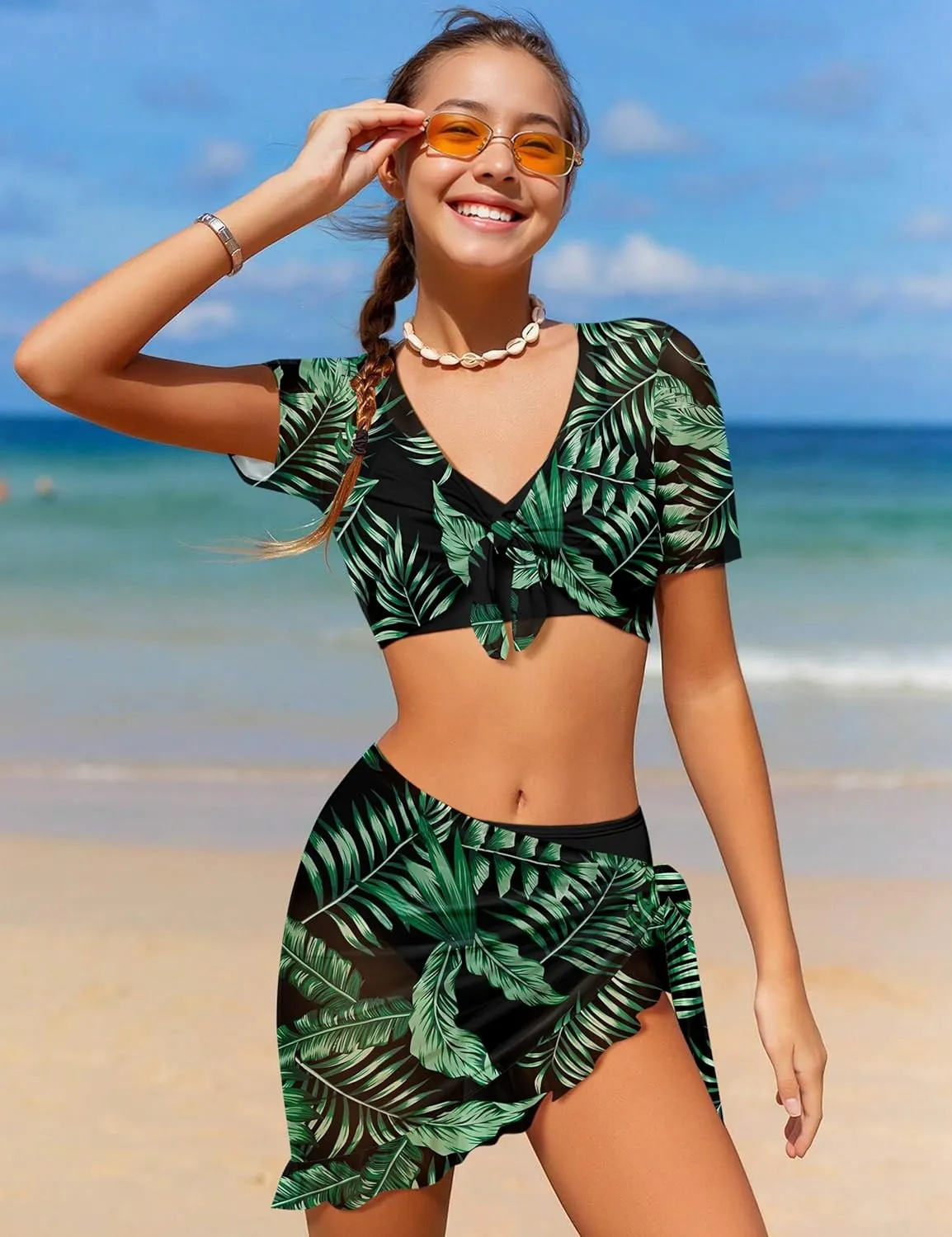 Girls Swimsuit 4 Piece Tropical Print Bikini Set Twist Criss Cross Bathing Suit with Kimono and Cover Up 9-16Y
