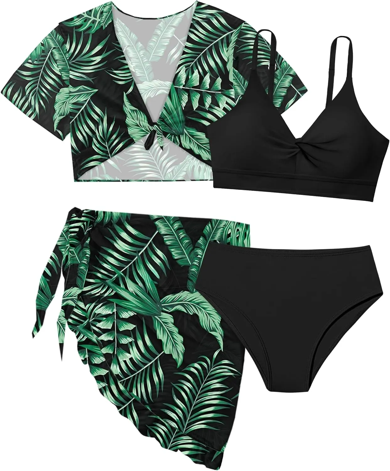 Girls Swimsuit 4 Piece Tropical Print Bikini Set Twist Criss Cross Bathing Suit with Kimono and Cover Up 9-16Y