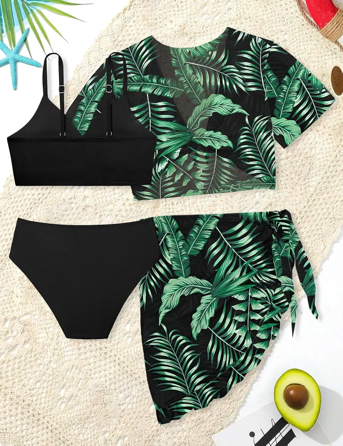 Girls Swimsuit 4 Piece Tropical Print Bikini Set Twist Criss Cross Bathing Suit with Kimono and Cover Up 9-16Y