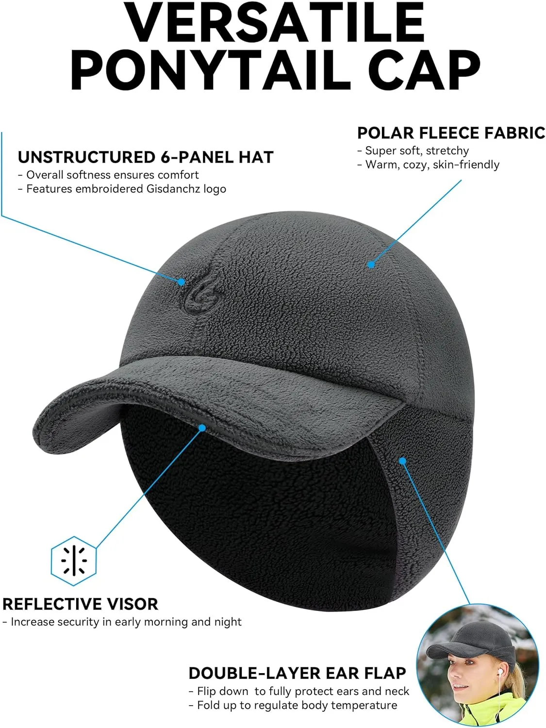 Gisdanchz Women's Winter Reflective Stretchy Ponytail Hat with Drop Down Ear Flap