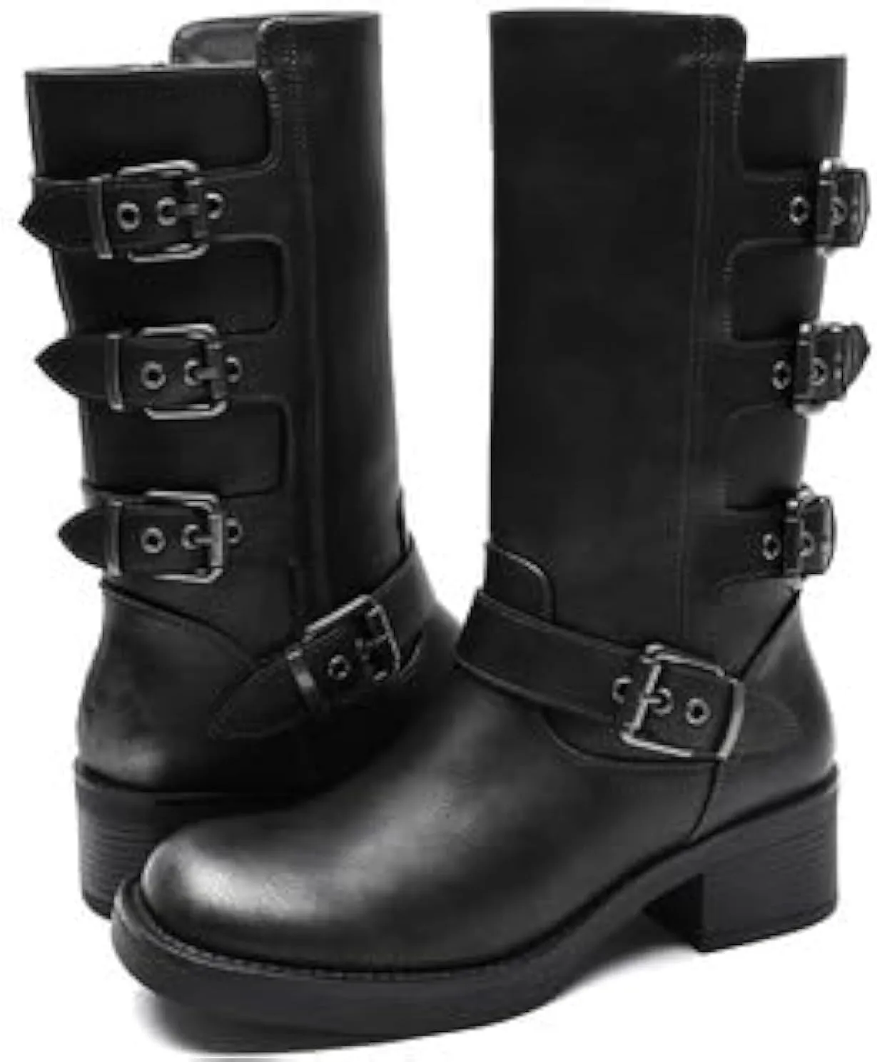 GLOBALWIN Chunky Mid Calf Fashion Dressy Motocycle Biker Military Style Combat Boots for Women Low Heel