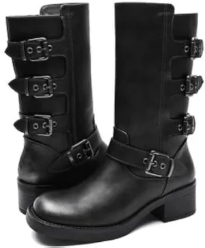 GLOBALWIN Chunky Mid Calf Fashion Dressy Motocycle Biker Military Style Combat Boots for Women Low Heel