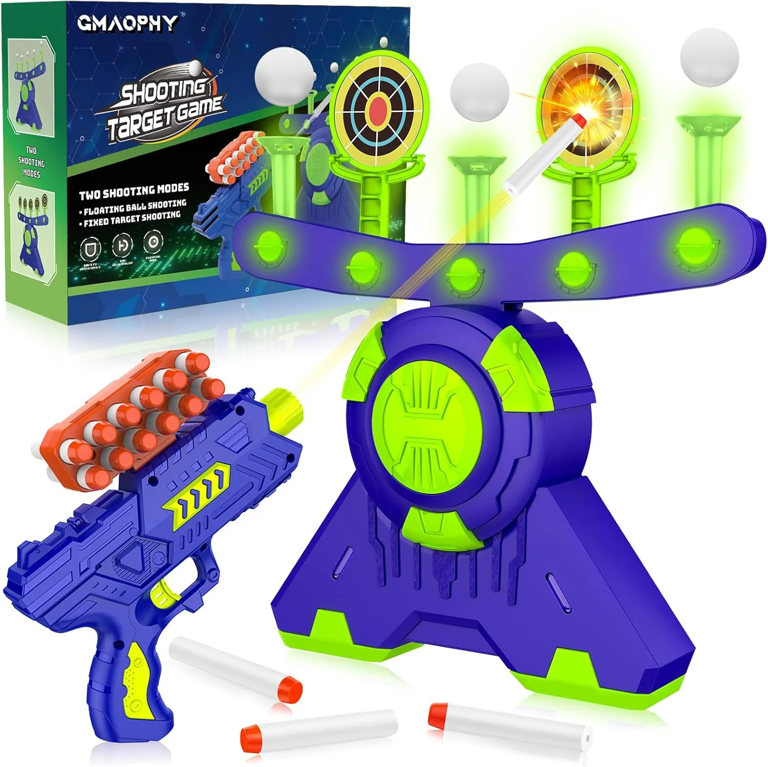 GMAOPHY Shooting Games Toy Gift for Age 5, 6, 7, 8, 9, 10  Years Old Kids, Glow in The Dark Boy Gift Floating Ball Targets with Foam Dart Toy Blaster, 10 Balls 5 Targets